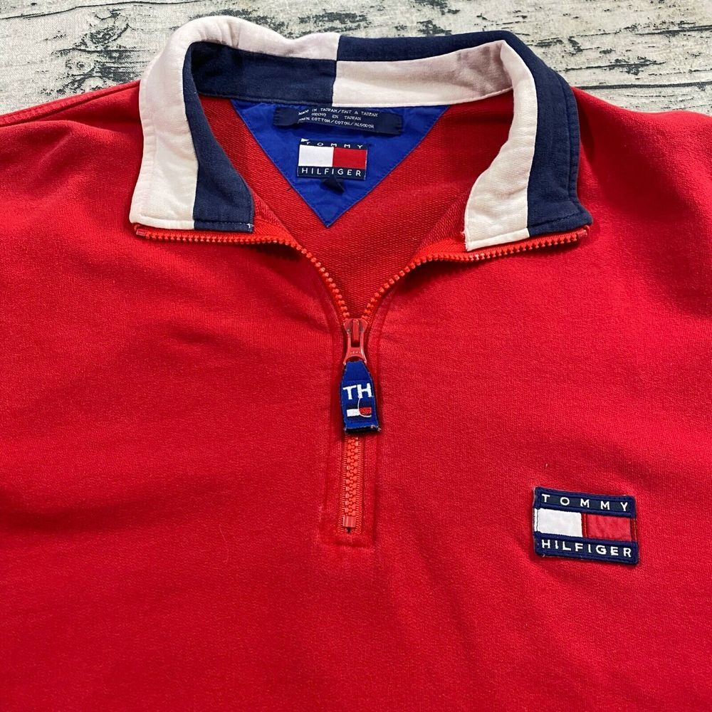 Tommy Hilfiger Vtg 90s Y2K Flag Logo‎ 1/4 Zip Pullover Sweatshirt Red XL